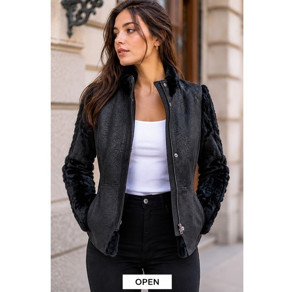 Lucidity Black Leather Jacket M Rabbit Fur Sleeves Embossed Moto Glam Mix Media